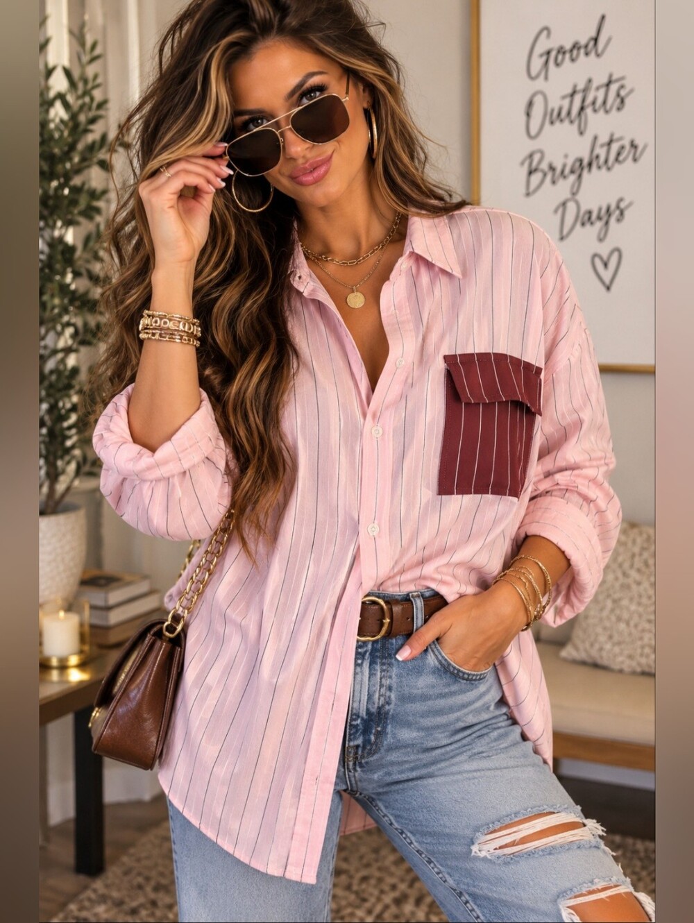 BLANCA Felicia Burgundy Pink Pinstripe Oversized Button Down Shirt; Size M/L;
